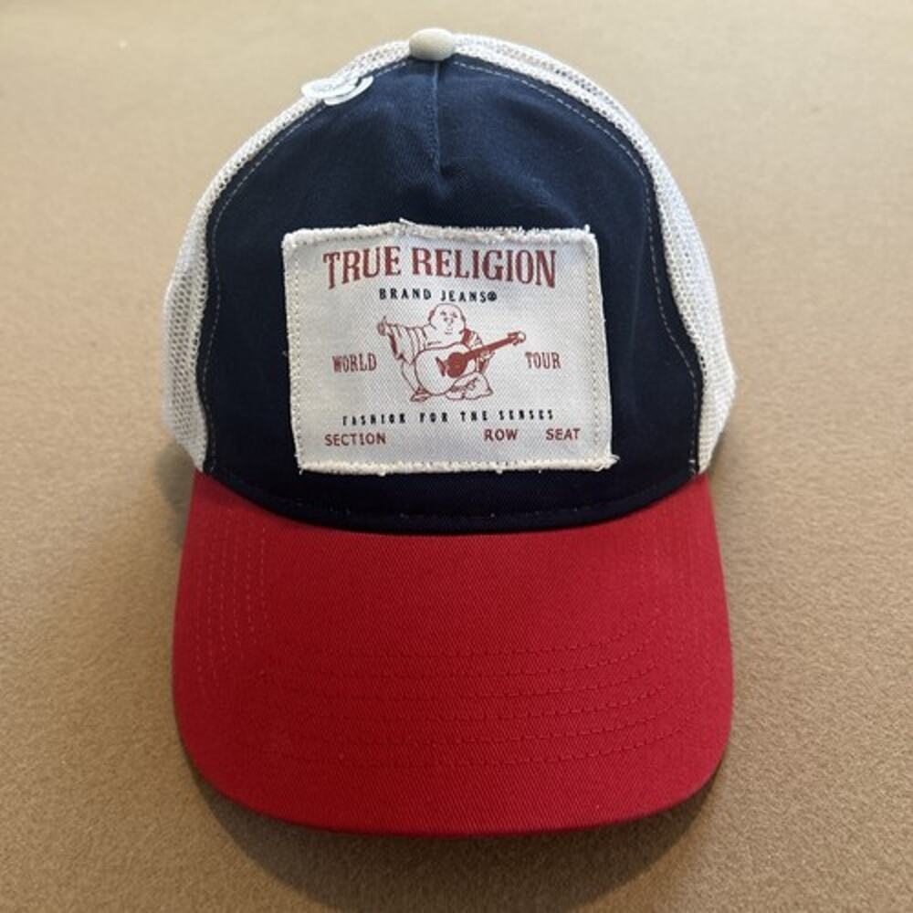True Religion Trucker Frayed Edge Buddha Hat OS Red/Navy/White NWT